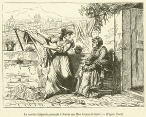Calpurnia boszorkány ráveszi Nucciát, hogy Meo Patacca elárulja (metszet) alkotó: French School