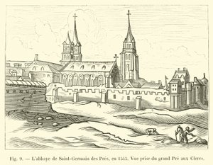 A Saint-Germain des Pres-i apátság 1545-ben, kilátás a Grand Pre aux Clercs-ről alkotó: French School