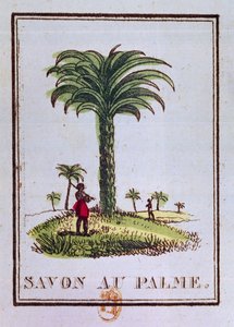 Címke pálmaolaj illatú szappanhoz, amely pálmafát ábrázol alkotó: French School