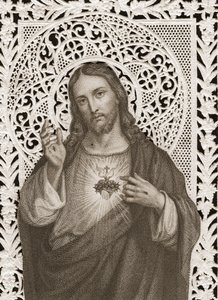 Jézus Szentséges Szívét ábrázoló csipkekártya, 19. század (bw litho) alkotó: French School