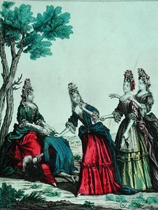 Hölgyek találgatást egy úriemberrel, 17. század 2. fele (színes metszet) alkotó: French School