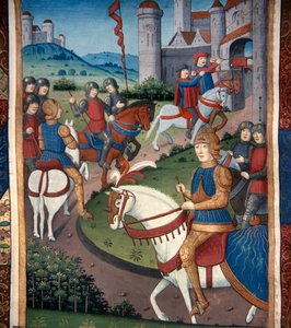 Lancelot egy francia faluba érkezik (vellum) alkotó: French School