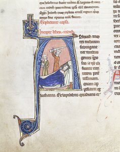 Nagy, történetírásos kezdőbetűs „A”, amely Juditot ábrázolja egy alvó Holofernész fölé emelt karddal, 1200-1225 körül (barna, piros, fehér és kék tinták rózsaszín alapon (vellum) golnal) alkotó: French School