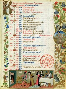 Lat 1173 f.1 január; evő-ivó alakok, Robinet Testard, Angouleme Károly óráiból alkotó: French School