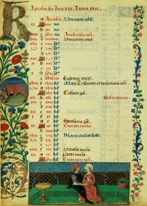 Lat 1173 f.2v április; Két szerető ül a szabadban, Robinet Testard, Angouleme Károly óráiból alkotó: French School