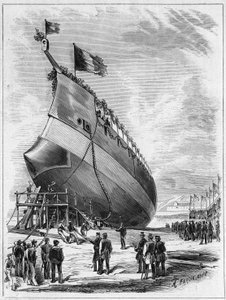 A „La Galissonniere” páncélhajó vízre bocsátása, 1872. május 7. Brest kikötőjében, Finistere (29). Metszet a „” Le Monde Illustré”” 789. számában, 1872. május 25. alkotó: French School