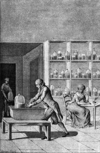 Lavoisier az Arsenalban lévő laboratóriumában, ahol egy légzési kísérletet mutat be, 18. század alkotó: French School
