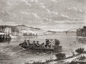 Távírókábel fektetése egy amerikai folyó alatt 1860 körül, a Les Merveilles de la Science-ből, megjelent 1870 körül (metszet) alkotó: French School