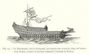 A Bucentaure, szertartásos hajó, amely a velencei dózse és a tenger esküvőjén szolgált; a velencei arzenálban őrzött makett után (metszet) alkotó: French School