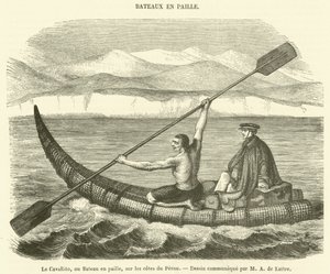 A Cavallito vagy szalmacsónak Peru partjainál (metszet) alkotó: French School