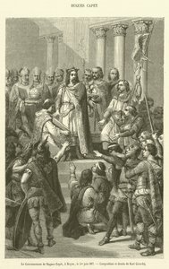 Hugues Capet koronázása, Noyon, 987. június 1. (metszet) alkotó: French School