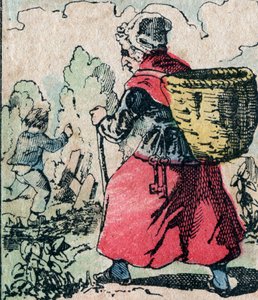 Le Pere Fouettard, a korbácsoló apa francia karaktere, a folklór legendás alakja, aki a szemtelen gyerekeket bünteti: felesége, La Mere Fouettard, a korbácsoló anya, aki üldözi az iskolát kihagyó gyerekeket - Epinal kép alkotó: French School