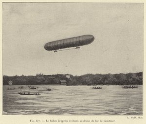 A Bodeni-tó felett repülő Zeppelin léggömb (metszet) alkotó: French School