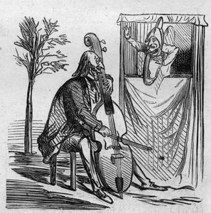 Offenbach mester a zenéjével monopolizálta Párizs összes színházát. A német honosított francia zeneszerző, Jacques Offenbach (1819-1880) csellózik. Cham rajzfilm. Metszet a "Le Monde Illustre" 499. sz.-ban, 1866. november 3-án. alkotó: French School