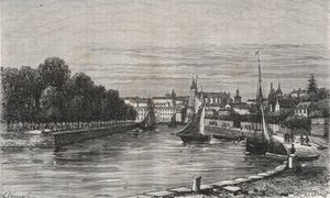 Le port de Vannes (Morbihan, Franciaország)// Vannes kikötője (Morbihan, Franciaország) - metszet a „La France illustrée: geographie, histoire, Administrationstatistique”-ben, V.-A. Malátabarna. 1884 alkotó: French School