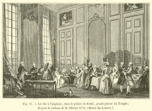 angol tea, Conti herceggel, a templom főpriorjával; B Olivier festménye után 1770, Louvre Múzeum
