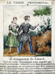 Lecke a névmási igékről. A „La grammaire en images” című szórólap-albumban, 1850 körül. alkotó: French School
