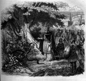 Legenda Nagy Károlyról és a kígyóról: a császár a kígyó fészek előtt, egy varangy által megszállva. Metszet 1852-ből. alkotó: French School