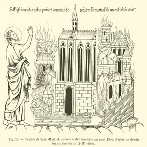 A Saint-Martial-templom, amelyet Saint Eloi őriz meg a tűztől, egy 13. századi pergamenrajz után alkotó: French School