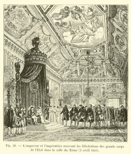A császár és a császárné gratulációkat fogadott az Állami Nagy Hadtesttől a trónteremben, 1810. április 3. alkotó: French School