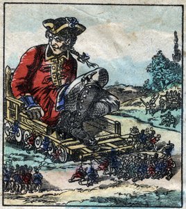 Lemuel Gullivert, a foglyot a liliputiak vontatta kocsin szállítják. Illusztráció a Gulliver utazásaihoz, Jonathan Swift (1667-1745). Epinális képalkotás a 19. század végén. alkotó: French School