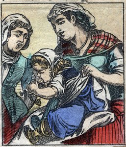Lemuel Gulliver a Payx des Gants de Brobdingnagban. Illusztráció a Gulliver utazásaihoz, Jonathan Swift (1667-1745). Epinális képalkotás a 19. század végén. alkotó: French School
