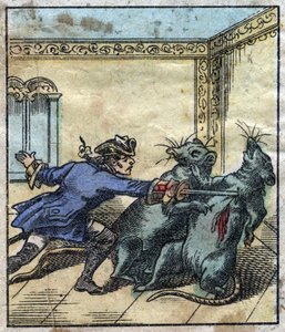 Lemuel Gulliver patkányokkal küzd Brobdingnag óriásainak földjén. Illusztráció a Gulliver utazásaihoz, Jonathan Swift (1667-1745). Epinális képalkotás a 19. század végén. alkotó: French School