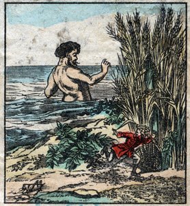Lemuel Gulliver elbújik egy óriás elől Brobdingnagban. Illusztráció a Gulliver utazásaihoz, Jonathan Swift (1667-1745). Epinális képalkotás a 19. század végén. alkotó: French School