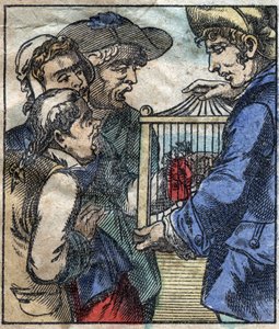 Lemuel Gullivert egy ketrecben mutatják meg Brobdingnag óriásainak. Illusztráció a Gulliver utazásaihoz, Jonathan Swift (1667-1745). Epinális képalkotás a 19. század végén. alkotó: French School