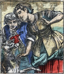 Lemuel Gulliver Brobdingnag óriásainak földjén. Illusztráció a Gulliver utazásaihoz, Jonathan Swift (1667-1745). Epinális képalkotás a 19. század végén. alkotó: French School