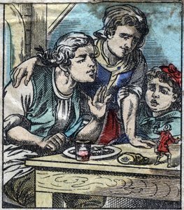 Lemuel Gulliver a Glumdalclitch család asztalán, Brobdingnag óriásainak földjén. Illusztráció a Gulliver utazásaihoz, Jonathan Swift (1667-1745). Epinális képalkotás a 19. század végén. alkotó: French School