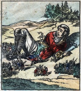 Lemuel Gulliver felébredt hajótörése után, és a liliputiak fogságába esett. Illusztráció a Gulliver utazásaihoz, Jonathan Swift (1667-1745). Epinális képalkotás a 19. század végén. alkotó: French School