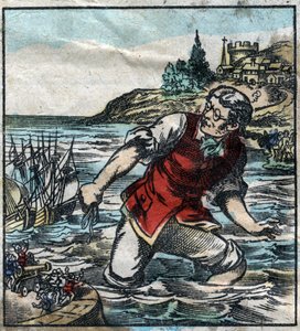 Lemuel Gullliver a Blefuscu-hadsereg hajóit a főváros Lilliput kikötőjébe lőtte. Illusztráció a Gulliver utazásaihoz, Jonathan Swift (1667-1745). Epinális képalkotás a 19. század végén. alkotó: French School