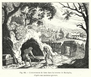 Sara temetése Makhpela barlangjában, egy régi metszet (metszet) után alkotó: French School