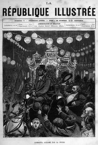 Leon Gambetta (1838-1882) köszönti a párizsi Place de la Republique szobrát. Egy újság. Metszet 1880-ból a „La republique illustree”” magángyűjteményben. alkotó: French School