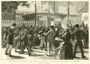 A kiállítás környezete, Jegyárusok a Tourville-kapunál, Palais des Machines, M Guilliod rajza (metszet) alkotó: French School