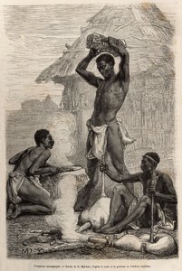 Les smiths mannganyas, a Loualaba folyó (a mai Kongó folyó) mentén fekvő faluban, metszet D.Maillard rajza után, amely David Livingstone utolsó naplóját (1813-1873) illusztrálja, 1866-1873-ban, megjelent a „” Le tour”-ban du monde”” 1875, szerkesztette alkotó: French School