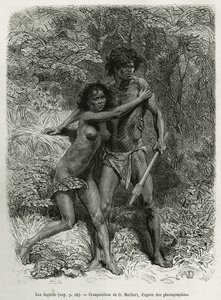 Les fugitives aborigenes, metszet D.Maillart rajza után, a Desire Charnay által 1878-ban a Közoktatási Minisztérium által megbízott misszió, hat hónap Ausztráliában című történet illusztrálására, megjelent a tour du monde-ban, a Tour du monde igazgatósága  alkotó: French School