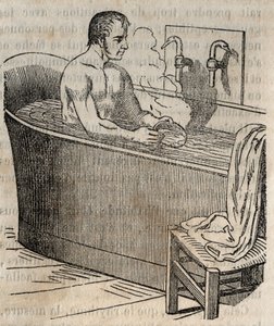 Fürdőgesztusok - Higiénia a 19. században - Férfi fürdőkádban - Metszet a "La Sante Universelle - Guide Medical des Familles"-ben 1852 alkotó: French School