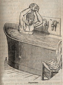 Fürdőgesztusok - Higiénia a 19. században - Férfi fürdőkádban - Metszet a "La Sante Universelle - Guide Medical des Familles"-ben 1852 alkotó: French School