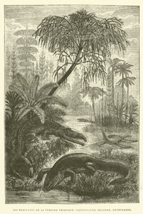 A triász kor lakói, capitosaurus, belodon, nothosaurus (metszet) alkotó: French School