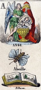 A betű, mint az angyal, a méhecske és az album. Egy védőangyal egy bölcsőben alvó gyermek közelében. Kis enciklopédikus ábécé. Epinal képalkotása, 1860 körül. Fametszet, stencilezett, aranyozással. Mérete: 37,8x50,3 cm. Magángyűjtemény alkotó: French School