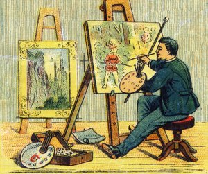 A betű: festő a műtermében. Gravírozás "ABC indechirable on lakkozott vászon". A. Capendu, szerkesztő, Párizs, 19. század vége. Gyermekkönyvesbolt illusztrált. 8 oldal. Mérete: 21,5x18 cm. alkotó: French School