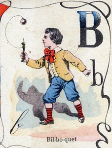 B betű Bilboquet. "ABC des joux pour petits boys" gravírozás. Pont-a-Mousson, Louis Vagne, nyomdász-kiadó képalkotása, 19. század vége. Mérete: 32,5x25 cm alkotó: French School