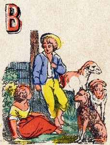 B betű Pásztorok. Metszet "Alphabet des jeux" betűkkel. Vagne úr, szerkesztő, Pont-a-Mousson, 19. század vége. Rózsaszín sorozat. 12 oldal. Album, amely egyszerűsített olvasási módszert és egy illusztrált abecedaryt tartalmaz. Mérete: 16,5x11 cm alkotó: French School
