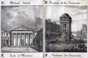 E és F betű: Orvostudományi Iskola és az Ártatlanok Szökőkútja - "Alphabet Picturesque des Monumens de Paris" 1840 körül (metszet) alkotó: French School