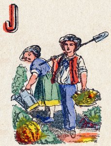 J betű Kertészek. Metszet "Alphabet des jeux" betűkkel. Vagne úr, szerkesztő, Pont-a-Mousson, 19. század vége. Rózsaszín sorozat. 12 oldal. Album, amely egyszerűsített olvasási módszert és egy illusztrált abecedaryt tartalmaz. Mérete: 16,5x11 cm alkotó: French School