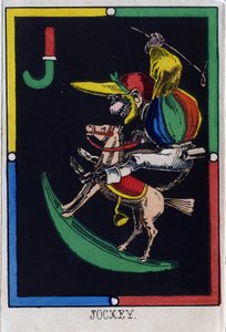 J betű zsokéként (majom hintalovon). A majmok ábécéje. Fametszet. Az Epinal képalkotása alkotó: French School