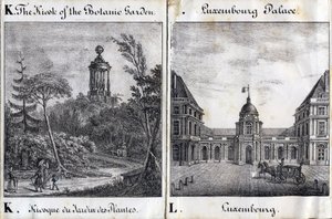 K betű A Jardin des Plantes és az L Palais du Luxembourg kioszkja – "Alphabet Picturesque des Monumens de Paris" 1840 körül (metszet) alkotó: French School