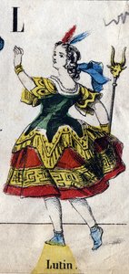 L betű: Manó. Metszet "ábécé maskara". Új Epinal képalkotás. Nyomda-litográfia Pinot et Sagaire, szerkesztők, Epinal, 19. század második fele. Ná 491 tábla 25 világító betűvel. Mérete: 40,5x28 cm alkotó: French School